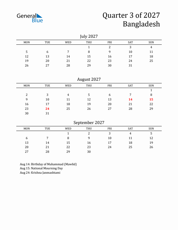 Quarter 3 2027 Bangladesh Quarterly Calendar