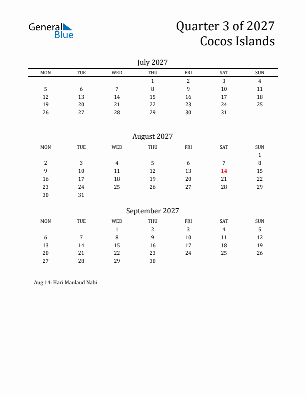 Quarter 3 2027 Cocos Islands Quarterly Calendar