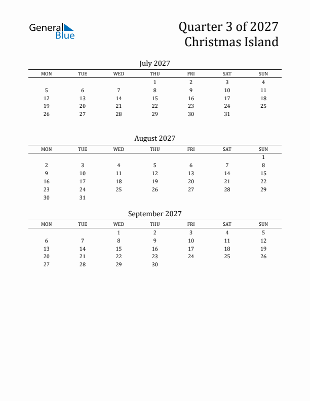 Quarter 3 2027 Christmas Island Quarterly Calendar