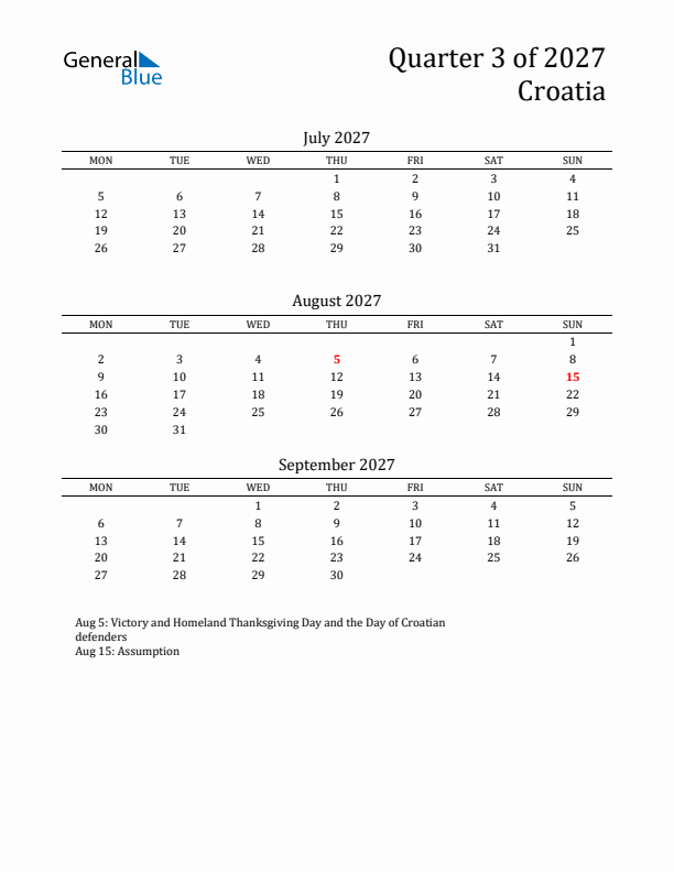 Quarter 3 2027 Croatia Quarterly Calendar