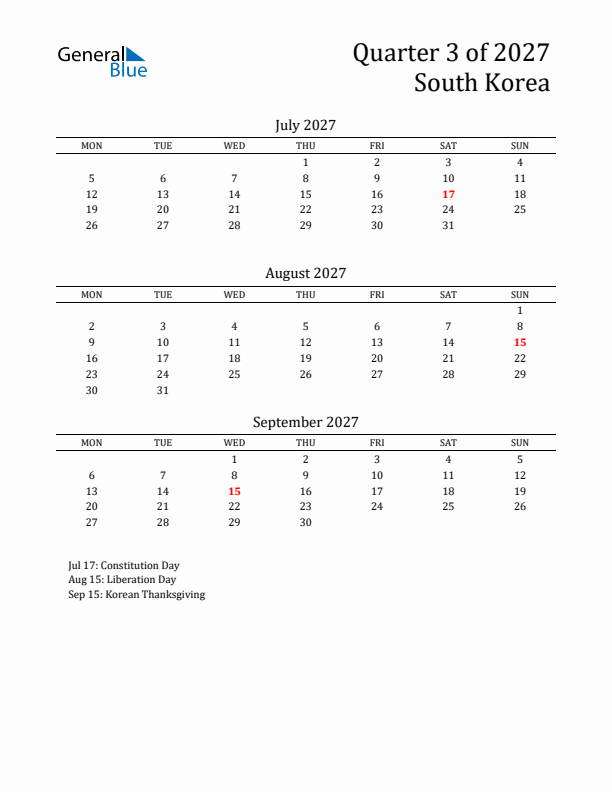 Quarter 3 2027 South Korea Quarterly Calendar