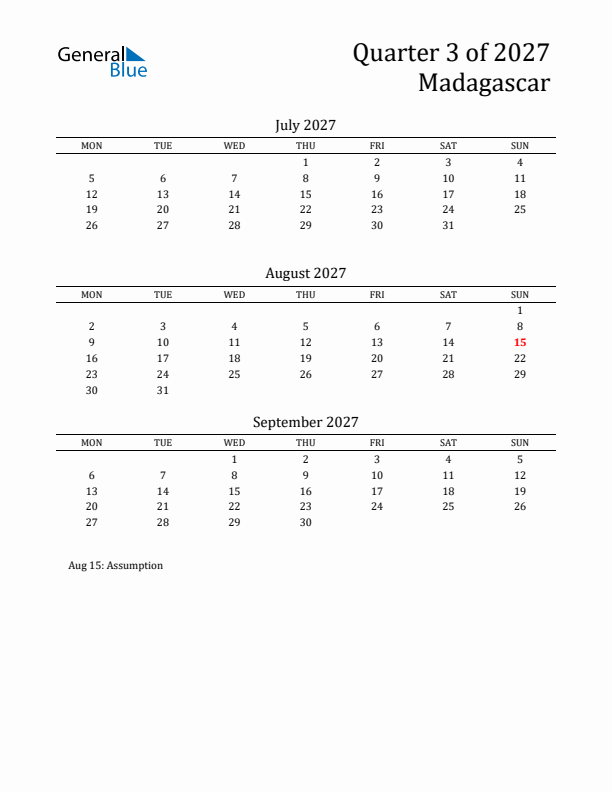 Quarter 3 2027 Madagascar Quarterly Calendar