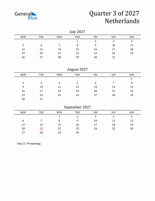 Quarter 3 2027 The Netherlands Quarterly Calendar