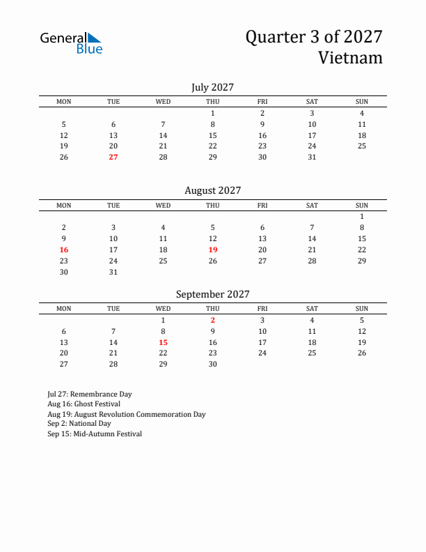 Quarter 3 2027 Vietnam Quarterly Calendar