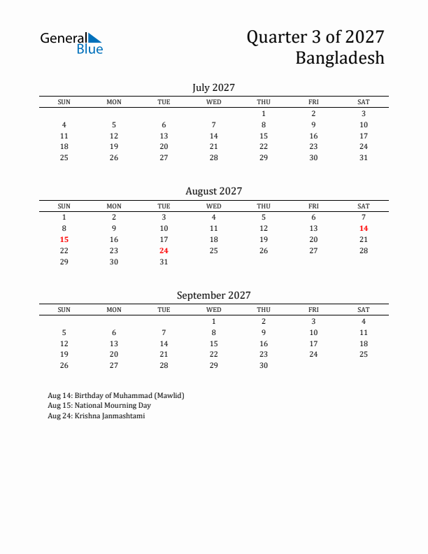 Quarter 3 2027 Bangladesh Quarterly Calendar