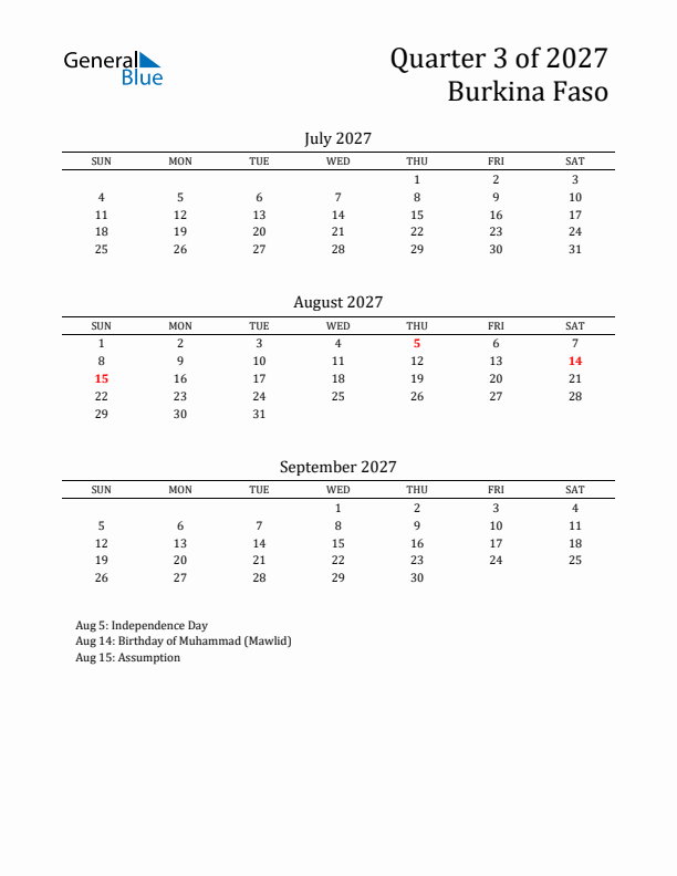 Quarter 3 2027 Burkina Faso Quarterly Calendar