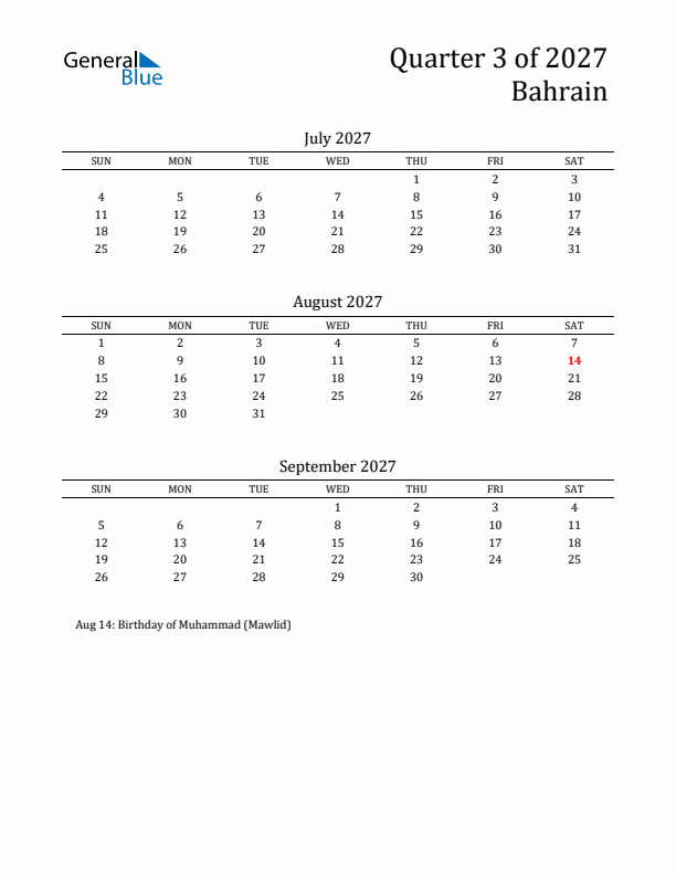 Quarter 3 2027 Bahrain Quarterly Calendar