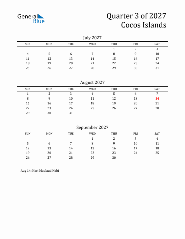 Quarter 3 2027 Cocos Islands Quarterly Calendar