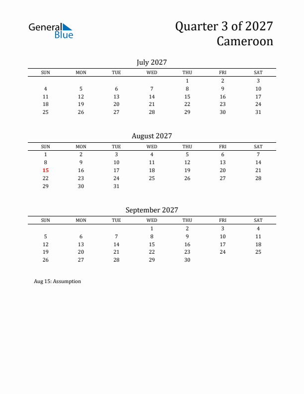 Quarter 3 2027 Cameroon Quarterly Calendar