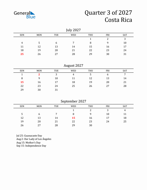 Quarter 3 2027 Costa Rica Quarterly Calendar