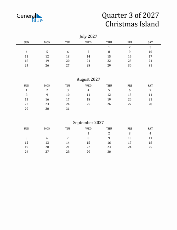 Quarter 3 2027 Christmas Island Quarterly Calendar