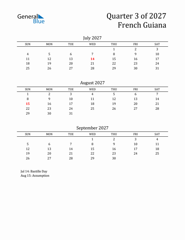 Quarter 3 2027 French Guiana Quarterly Calendar