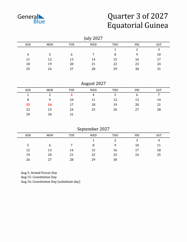 Quarter 3 2027 Equatorial Guinea Quarterly Calendar