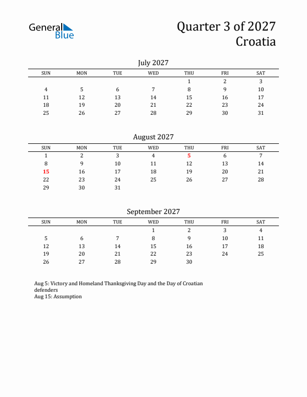 Quarter 3 2027 Croatia Quarterly Calendar