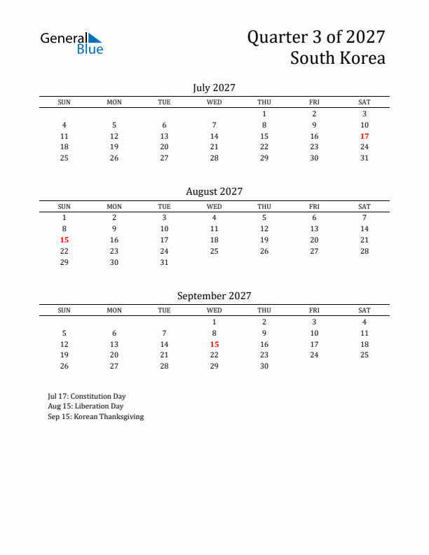 Quarter 3 2027 South Korea Quarterly Calendar