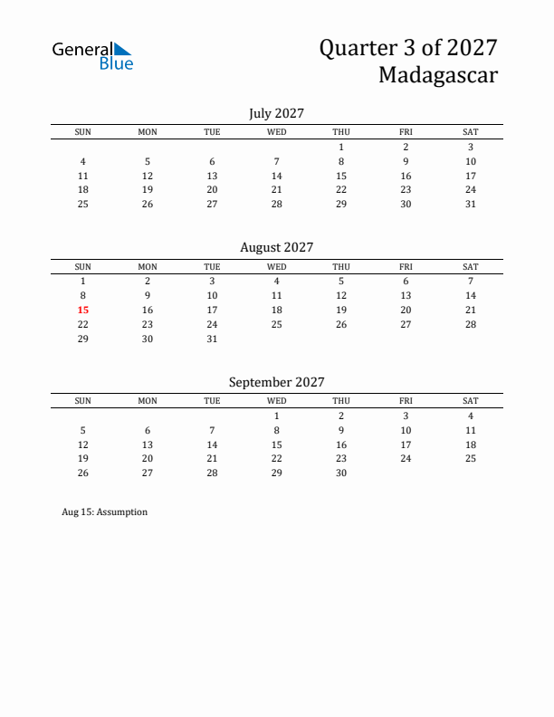 Quarter 3 2027 Madagascar Quarterly Calendar