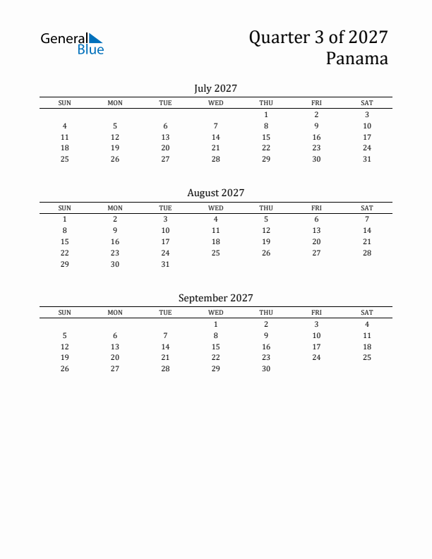 Quarter 3 2027 Panama Quarterly Calendar