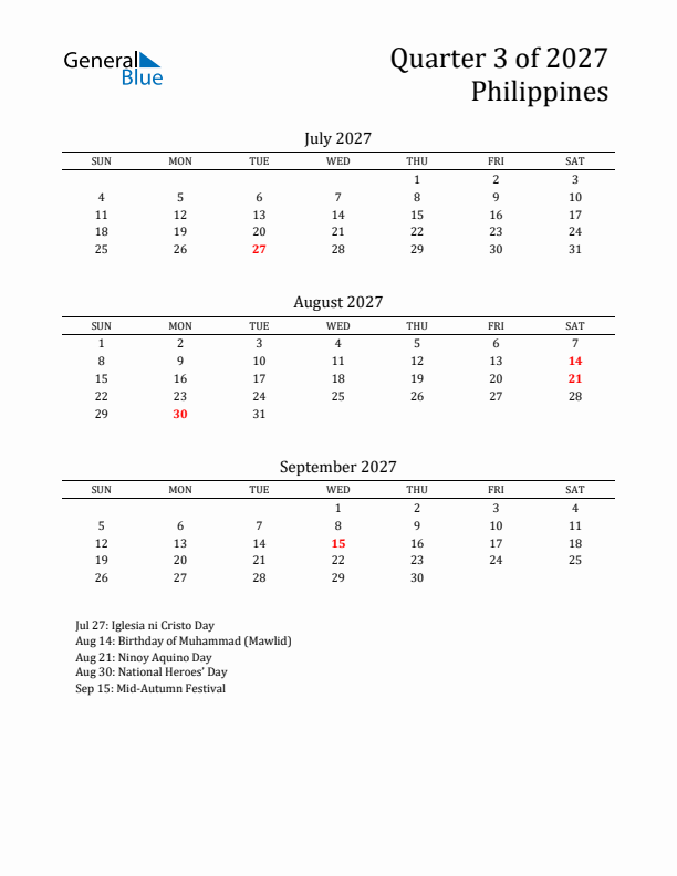 Quarter 3 2027 Philippines Quarterly Calendar