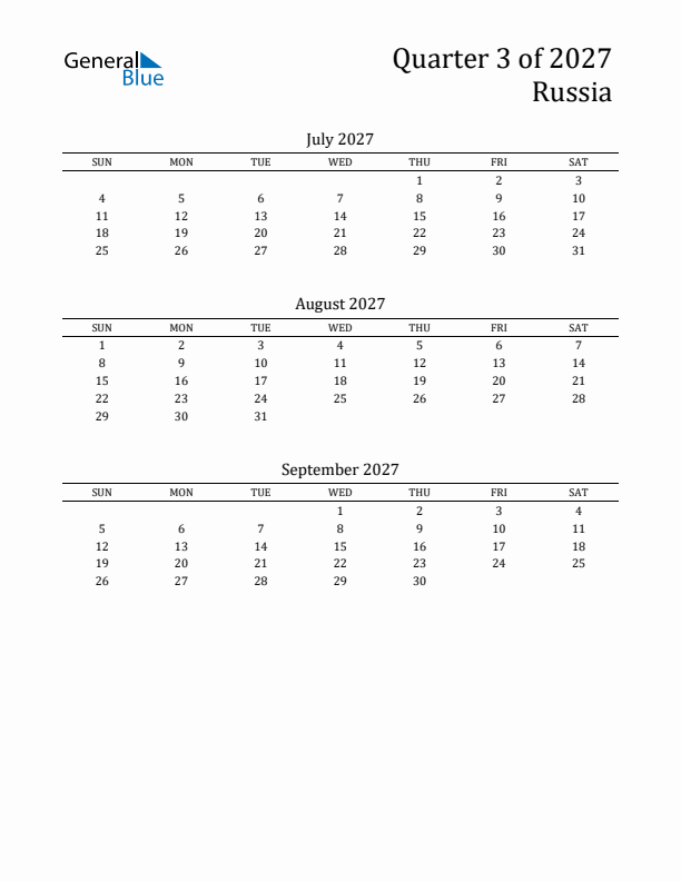 Quarter 3 2027 Russia Quarterly Calendar