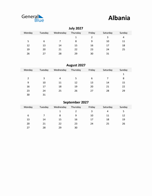 Printable Quarterly Calendar with Notes and Albania Holidays- Q3 of 2027