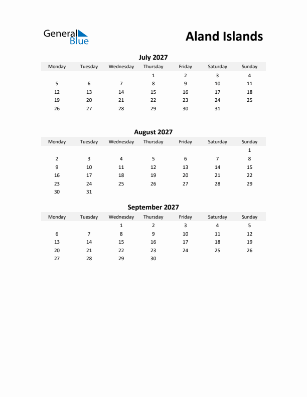 Printable Quarterly Calendar with Notes and Aland Islands Holidays- Q3 of 2027