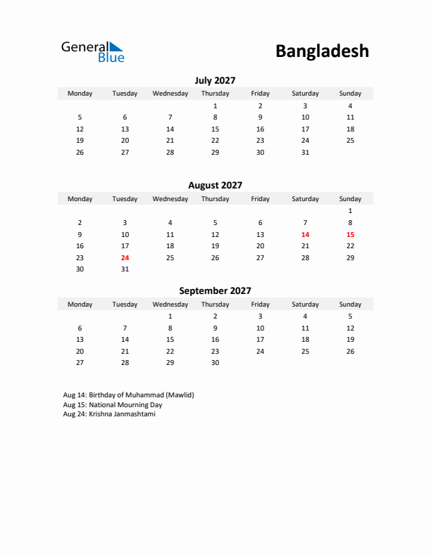 Printable Quarterly Calendar with Notes and Bangladesh Holidays- Q3 of 2027