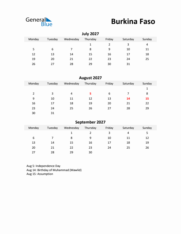 Printable Quarterly Calendar with Notes and Burkina Faso Holidays- Q3 of 2027