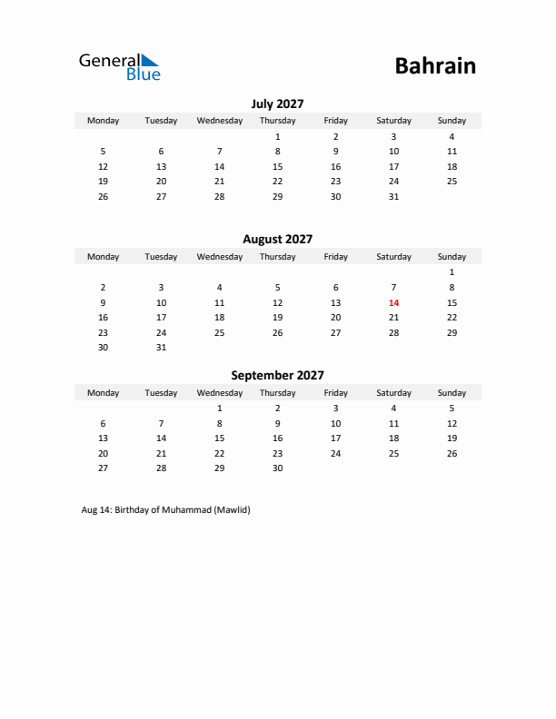 Printable Quarterly Calendar with Notes and Bahrain Holidays- Q3 of 2027