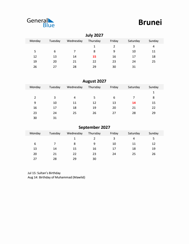 Printable Quarterly Calendar with Notes and Brunei Holidays- Q3 of 2027