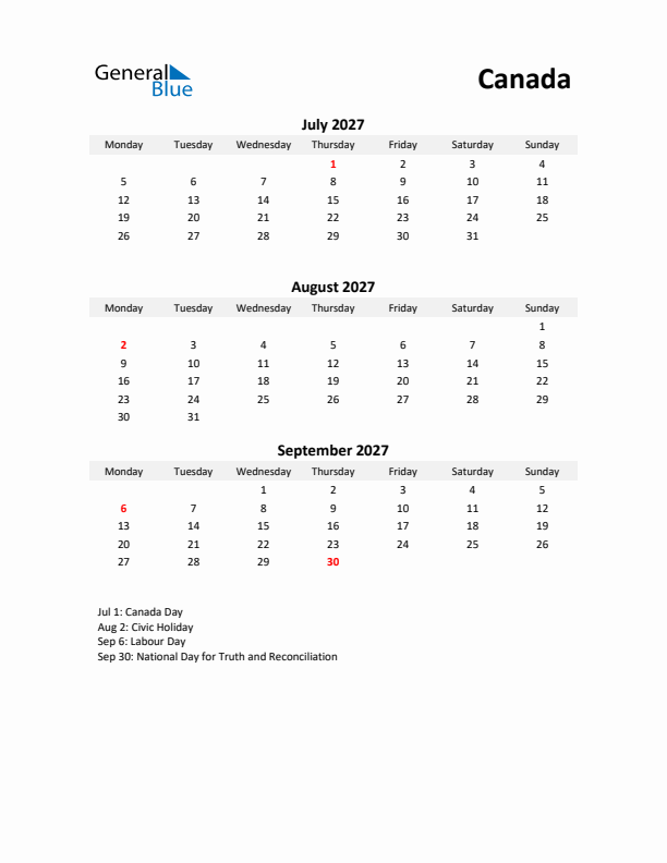 Printable Quarterly Calendar with Notes and Canada Holidays- Q3 of 2027