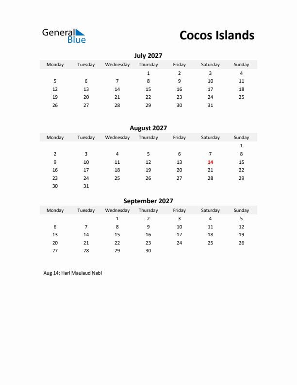 Printable Quarterly Calendar with Notes and Cocos Islands Holidays- Q3 of 2027