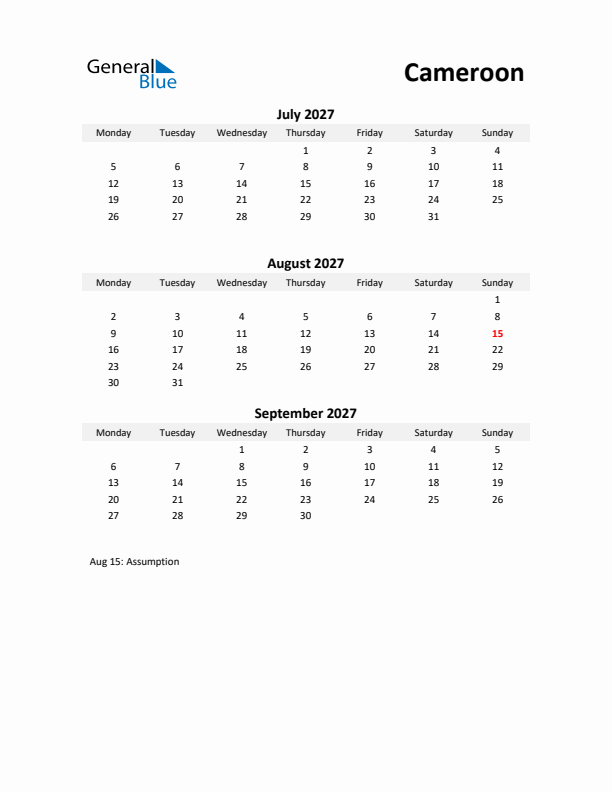 Printable Quarterly Calendar with Notes and Cameroon Holidays- Q3 of 2027