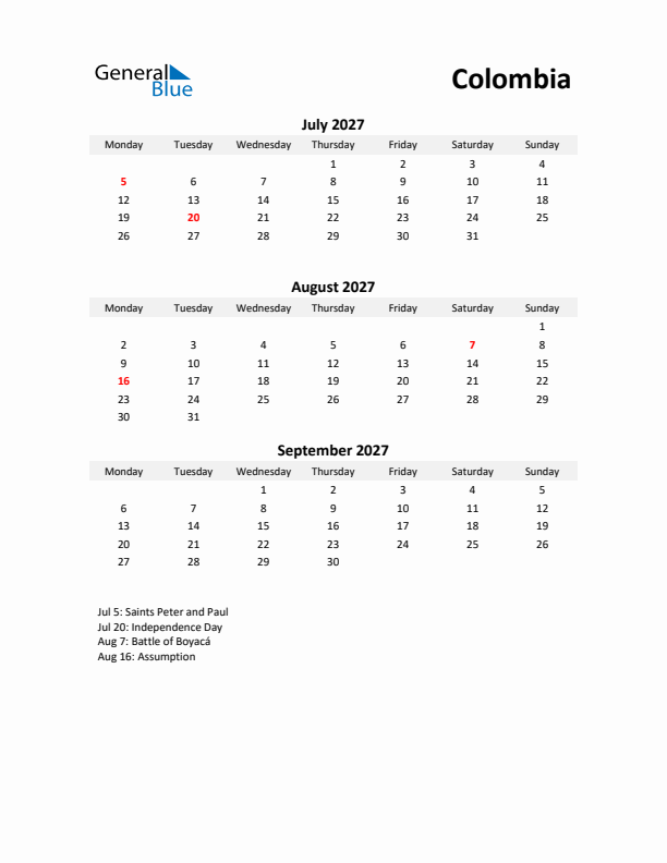 Printable Quarterly Calendar with Notes and Colombia Holidays- Q3 of 2027