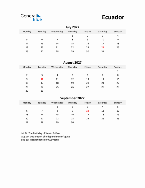 Printable Quarterly Calendar with Notes and Ecuador Holidays- Q3 of 2027