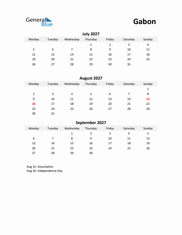 Printable Quarterly Calendar with Notes and Gabon Holidays- Q3 of 2027