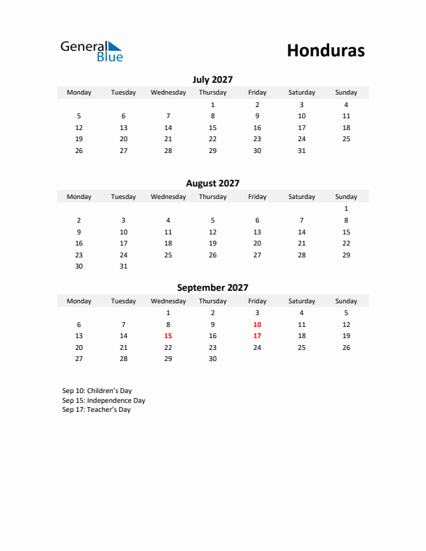 Printable Quarterly Calendar with Notes and Honduras Holidays- Q3 of 2027