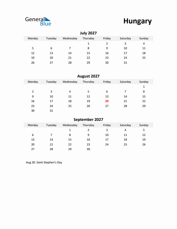 Printable Quarterly Calendar with Notes and Hungary Holidays- Q3 of 2027