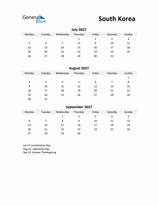 Printable Quarterly Calendar with Notes and South Korea Holidays- Q3 of 2027