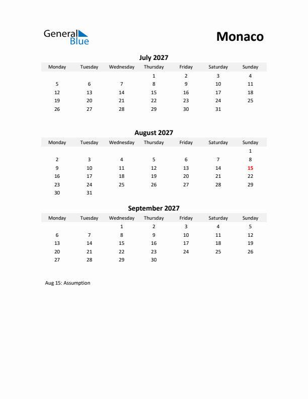 Printable Quarterly Calendar with Notes and Monaco Holidays- Q3 of 2027