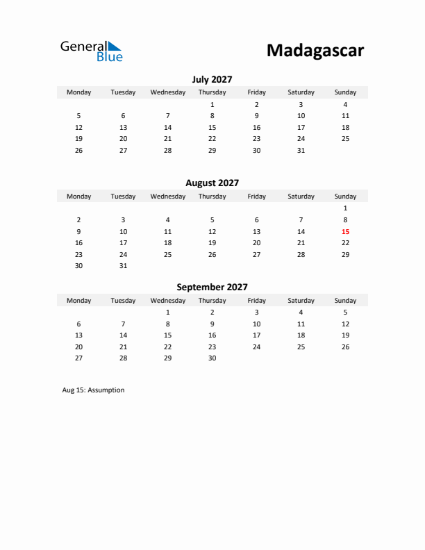 Printable Quarterly Calendar with Notes and Madagascar Holidays- Q3 of 2027