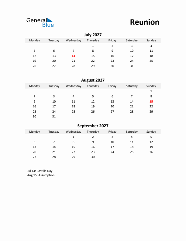 Printable Quarterly Calendar with Notes and Reunion Holidays- Q3 of 2027