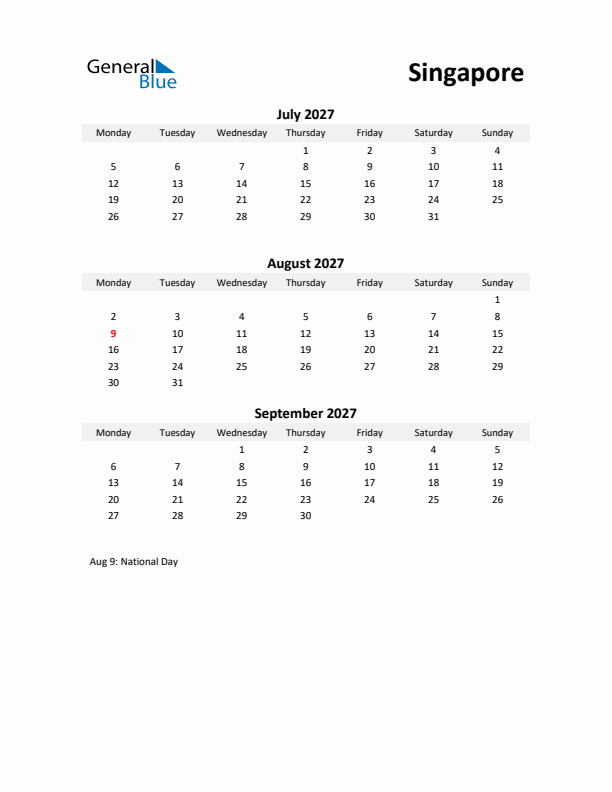 Printable Quarterly Calendar with Notes and Singapore Holidays- Q3 of 2027