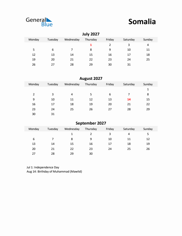 Printable Quarterly Calendar with Notes and Somalia Holidays- Q3 of 2027