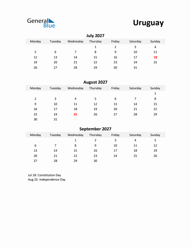 Printable Quarterly Calendar with Notes and Uruguay Holidays- Q3 of 2027