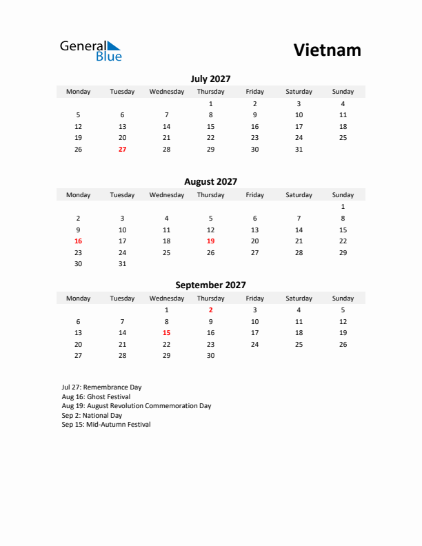 Printable Quarterly Calendar with Notes and Vietnam Holidays- Q3 of 2027