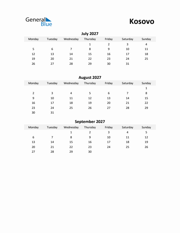 Printable Quarterly Calendar with Notes and Kosovo Holidays- Q3 of 2027