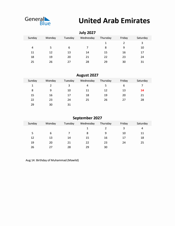 Printable Quarterly Calendar with Notes and United Arab Emirates Holidays- Q3 of 2027