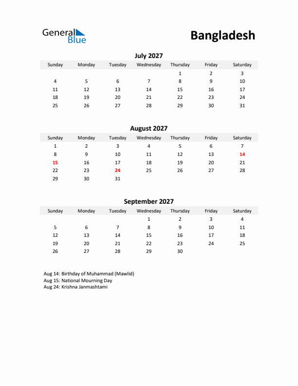 Printable Quarterly Calendar with Notes and Bangladesh Holidays- Q3 of 2027