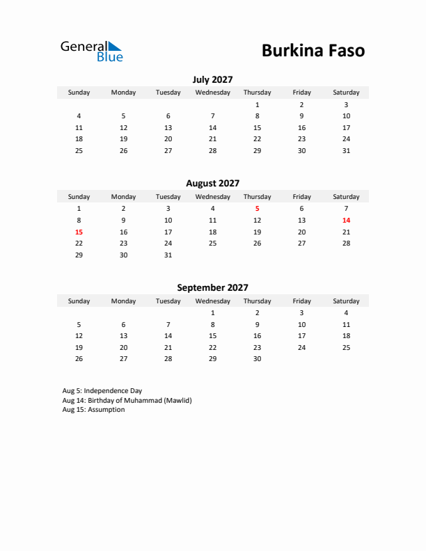 Printable Quarterly Calendar with Notes and Burkina Faso Holidays- Q3 of 2027