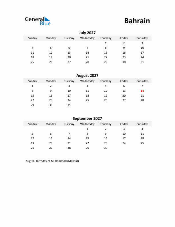 Printable Quarterly Calendar with Notes and Bahrain Holidays- Q3 of 2027